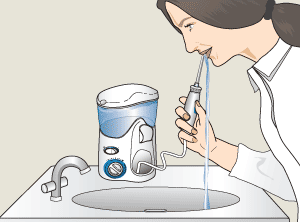 Cartoon of woman leaning over sink using water flosser